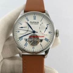 Parnis 43mm Men's Top Casual Mechanical Watch Silver Case White Dial Leather Strap Freewheel Power Reserve Automatic Watch 3343